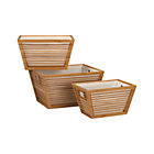 Set of three bamboo storage totes with liners: one each of 13"Wx9.9"Dx7.5"H small, 15"Wx12"Dx8.59"H medium and 16"Wx14"Dx9.5"H large