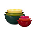 6-Piece Melamine Nesting Bowl Set: 196 oz., 11.8"dia.x5"H dark green; 120 oz., 10.43"dia.x4.5"H light green; 72 oz., 8.97"dia.x4"H yellow; 42 oz., 7.59"dia.x3.5"H red; 20 oz., 6.22"dia.x2.75"H orange; and 8 oz., 4.78"dia.2"H pink.