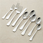 Cirrus 52-Piece Flatware Set: eight 5-piece place settings, eight extra teaspoons, two serving spoons, serving fork, pierced serving spoon.