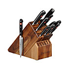 Wüsthof® Classic Black 10-Piece Knife Block Set: 2.75" trimming knife, 3" flat cut paring knife, 3.5" paring knife, 4.5" utility knife, 5" tomato knife, 8" bread knife, 8" cook's knife, kitchen shears, 9" sharpening steel and 17-slot acacia knife block.
