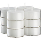 Set of 12 clear-cupped white tealight candles.