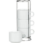 Set of four stacking coffee mugs with rack: four 8 oz.; 3.5"dia.x2.75"H mugs and one 3.875"dia.x10.5"H rack.