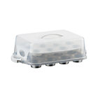 Three-Piece Set: 12-cup muffin pan, 12-cup plastic holder and lid.
