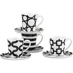 Set of 4 Graphic Espresso Cups and Saucers