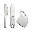 3-Piece Farmhouse Cheese Knife Set: one each of 4.75"Wx3.5"H wide blade, 1.5"Wx8"H narrow blade and 1.5"Wx8"H spreader
