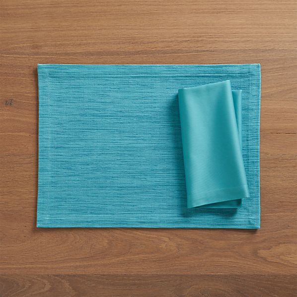 Grasscloth Aqua Placemat and Fete Aqua Cotton Napkin Crate and Barrel