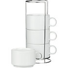 Set of four jumbo stacking mugs with rack: four 20 oz.; 4.75"dia.x3.25"H mugs and one 6.25"dia.x12.5"H rack.