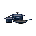 5-Piece Le Creuset® Ink Cookware Set: 1.25 qt. precision pour saucepan with lid, 5.5 qt. round french oven with lid and 10" skillet.