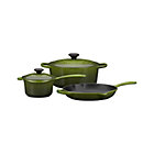 5-Piece Le Creuset® Spinach Cookware Set: 1.25 qt. precision pour saucepan with lid, 5.5 qt. round french oven with lid and 10" skillet.