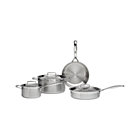 Le Creuset® Tri-Ply Stainless Steel 7-Piece Cookware Set: 9.5" frypan, 2 qt. saucepan with lid, 3 qt. sauté pan with lid and 6.4 qt. stockpot with lid.