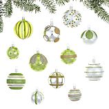 Set of 12 Silver and Green and White Ornaments