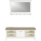 Paterson White Bench with Cushion and Mirror. 47.75"Wx15.5"Dx19.25"H bench, 45.75"Wx14.5"Dx1.5"H cushion, 36.75"Wx6"Dx23.75"H mirror.