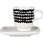 2-Piece Marimekko Siirtolapuutarha Räsymatto Black and White Espresso Cup and Plate Set. 2"dia.x2.5"H cup, 4" sq. plate