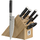 Shun® Classic 8-Piece Knife Block Set: 4" paring knife, 9" hollow ground slicer, 9" bread knife, 8" chef's knife, 6" tomato knife, 9" sharpening steel, shears, 11-slot knife block.