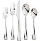45-Piece Set: eight 5-piece place settings (salad fork, dinner fork, dinner knife, dinner spoon, and teaspoon), slotted serving spoon, solid serving spoon, meat fork, sugar shell spoon and butter knife.