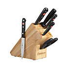 Wüsthof® Gourmet 7-Piece Knife Block Set: 3" paring knife, 4.5" utility knife, 6" chef's knife, 6" bread knife, sharpening steel, kitchen shears and hardwood knife block.